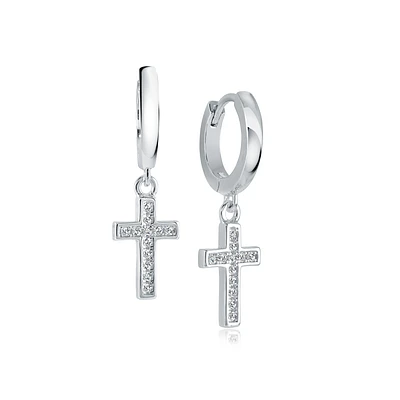 Boucles d’Oreilles Pendantes en Acier Inoxydable avec Breloques Croix en Zircon Cubique. Color: blanc | Doucet Latendresse