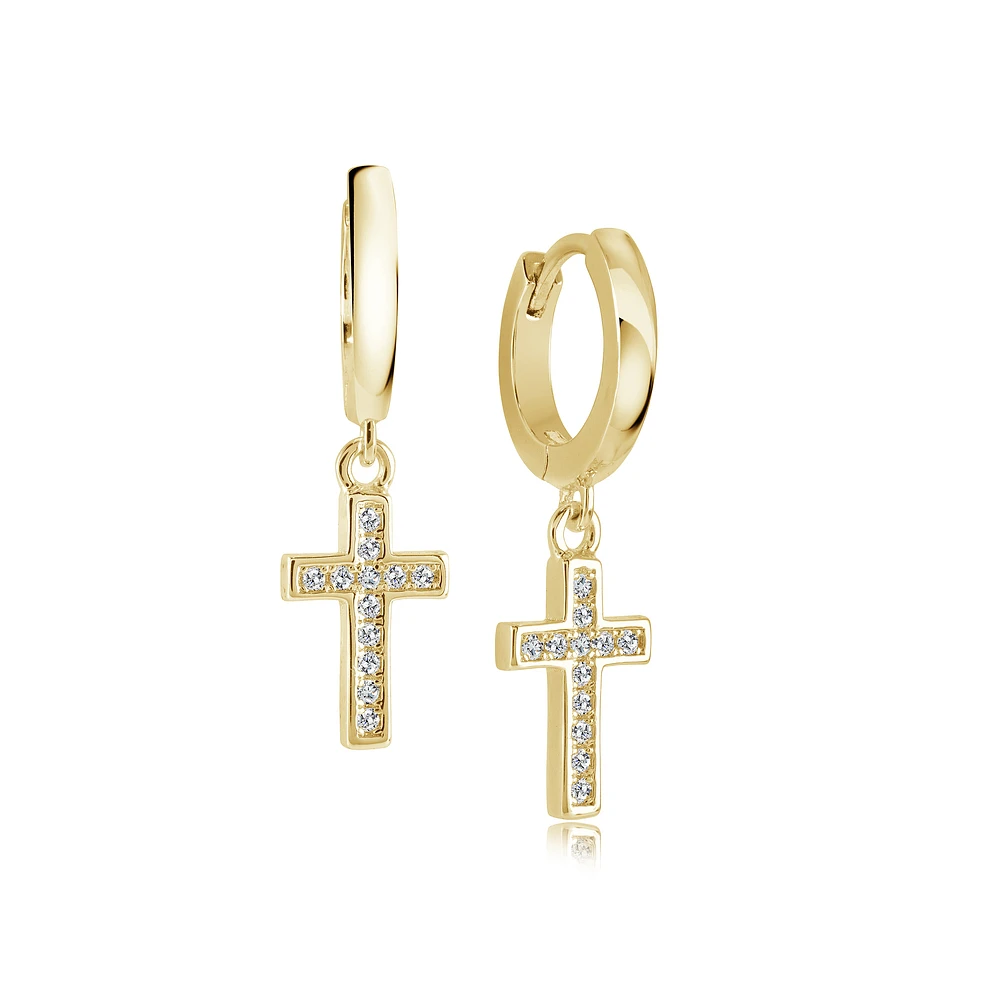 Gold Tone Stainless Steel Drop Earrings with Cubic Zirconia Cross Charms. Color: yellow | Doucet Latendresse