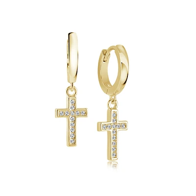 Boucles d’Oreilles Pendantes en Acier Inoxydable Doré avec Breloques Croix en Zircon Cubique. Color: jaune | Doucet Latendresse