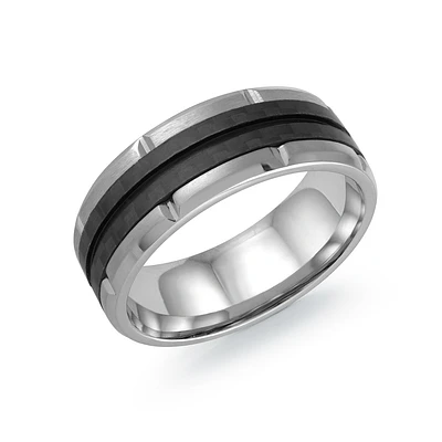 Bague en Acier Inoxydable avec Incrustation de Fibre de Carbone et Détails Rainurés – 8mm. Color: gris | Doucet Latendresse