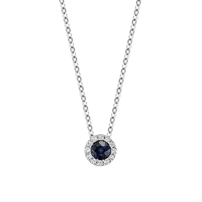 10K Gold Sapphire and Diamond Halo Pendant Necklace. Color: white | Doucet Latendresse