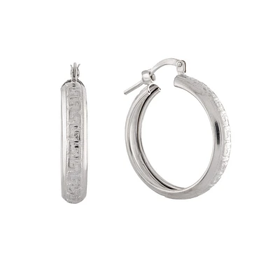 Rhodium Plated Silver Greek Key Hoop Earrings. Color: white | Doucet Latendresse