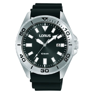 Montre Style Plongeur Lorus avec Bracelet en Silicone Noir – 44mm, Résistante à l’Eau 100M | Doucet Latendresse