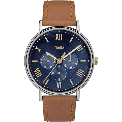 Timex Blue Multifunction Watch with Tan Leather Strap – 41mm | Doucet Latendresse