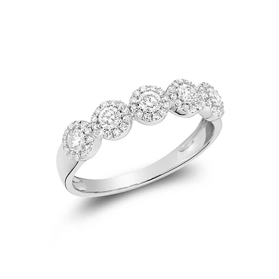 14K White Gold Five-Stone Halo Diamond Anniversary Ring. Color: white | Doucet Latendresse