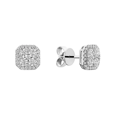14K White Gold Cushion Diamond Cluster Stud Earrings. Color: white | Doucet Latendresse