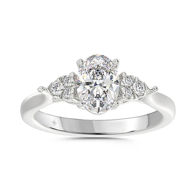 14K White Gold Oval Lab Diamond Three-Stone Engagement Ring. Color: white | Doucet Latendresse