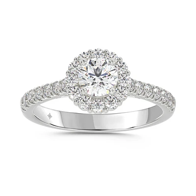 14K White Gold Round Lab Diamond Halo Engagement Ring with Pavé Band. Color: white | Doucet Latendresse