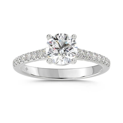 14K White Gold Round Lab Diamond Pavé Engagement Ring. Color: white | Doucet Latendresse