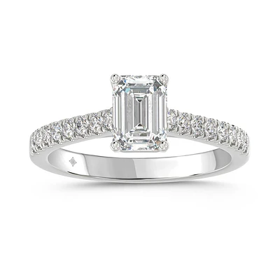 14K Gold Emerald Cut Lab Diamond Engagement Ring with Pavé Band. Color: white | Doucet Latendresse