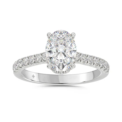 14K White Gold Oval Lab Diamond Engagement Ring with Pavé Band. Color: white | Doucet Latendresse