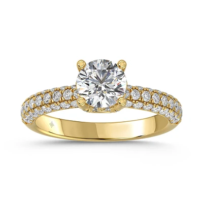 14K Yellow Gold Round Lab Diamond Engagement Ring with Double Pavé Band. Color: yellow | Doucet Latendresse