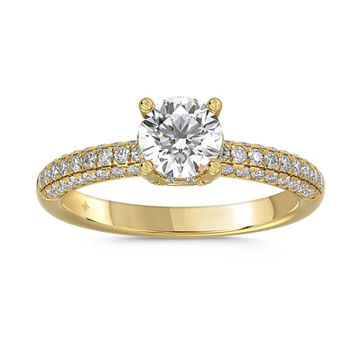 Bague de Fiançailles en Or Jaune 14K avec Diamant de Laboratoire Rond et Anneau Pavé. Color: jaune | Doucet Latendresse