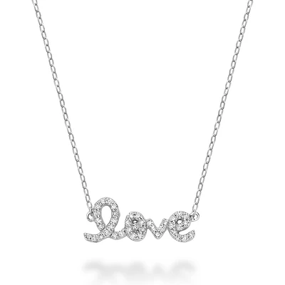 10K White Gold “Love” Script Diamond Pendant Necklace. Color: white | Doucet Latendresse