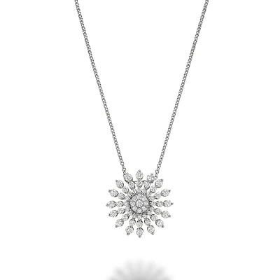 14K White Gold Sunburst Diamond Pendant Necklace. Color: white | Doucet Latendresse