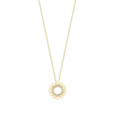 14K Gold Pearl and Diamond Halo Circle Pendant Necklace. Color: yellow | Doucet Latendresse