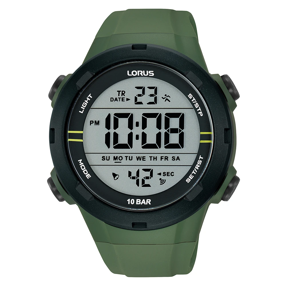 Montre Digitale Lorus avec Bracelet Vert en Silicone – Lunette Noire 46 mm | Doucet Latendresse