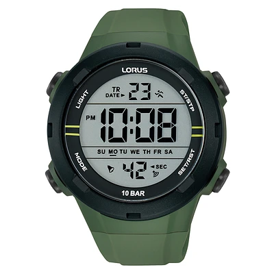 Montre Digitale Lorus avec Bracelet Vert en Silicone – Lunette Noire 46 mm | Doucet Latendresse