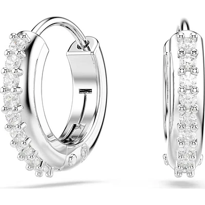 Swarovski Dexterity Rhodium Plated Crystal Huggie Hoop Earrings. Color: white | Doucet Latendresse