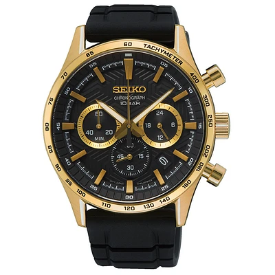 Seiko Gold-Tone Chronograph Watch – 42 mm Black Dial, Black Silicone Strap, Tachymeter | Doucet Latendresse