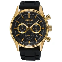 Seiko Gold-Tone Chronograph Watch – 42 mm Black Dial, Black Silicone Strap, Tachymeter | Doucet Latendresse