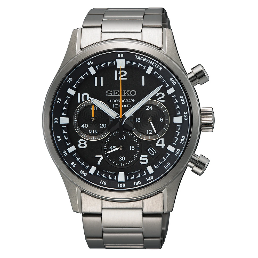 Montre Chronographe Seiko en Acier Inoxydable – 42 mm, Cadran Noir, Bracelet Acier Inoxydable, Tachymètre | Doucet Latendresse