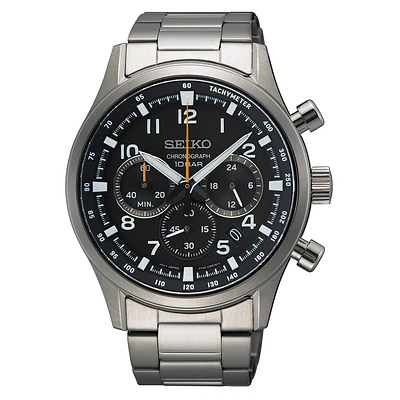 Montre Chronographe Seiko en Acier Inoxydable – 42 mm, Cadran Noir, Bracelet Acier Inoxydable, Tachymètre | Doucet Latendresse