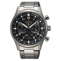 Montre Chronographe Seiko en Acier Inoxydable – 42 mm, Cadran Noir, Bracelet Acier Inoxydable, Tachymètre | Doucet Latendresse