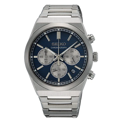 Montre Chronographe Seiko en Acier Inoxydable – 41,5 mm, Cadran Bleu, Bracelet Acier Inoxydable | Doucet Latendresse