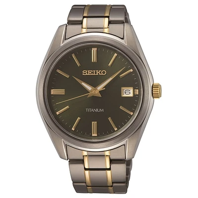 Montre Seiko Bicolore en Titane – 39,5 mm, Cadran Vert, Bracelet en Titane | Doucet Latendresse