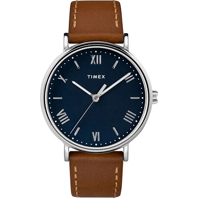 Montre Timex Metropolitan – 34mm, Cadran Bleu, Bracelet en Cuir Brun | Doucet Latendresse
