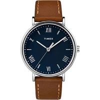 Montre Timex Metropolitan – 34mm, Cadran Bleu, Bracelet en Cuir Brun | Doucet Latendresse