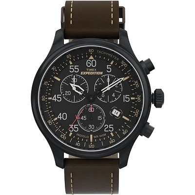 Timex Expedition Chronograph Watch – 43mm Black Dial, Brown Leather Strap | Doucet Latendresse
