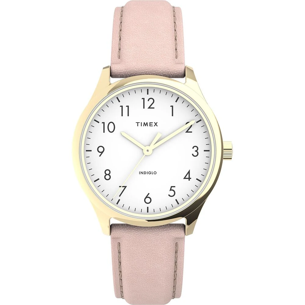 Timex Easy Reader Watch – 34mm White Dial, Pink Leather Strap | Doucet Latendresse