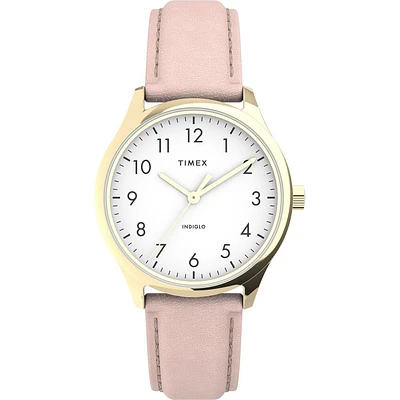 Timex Easy Reader Watch – 34mm White Dial, Pink Leather Strap | Doucet Latendresse