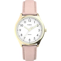 Timex Easy Reader Watch – 34mm White Dial, Pink Leather Strap | Doucet Latendresse