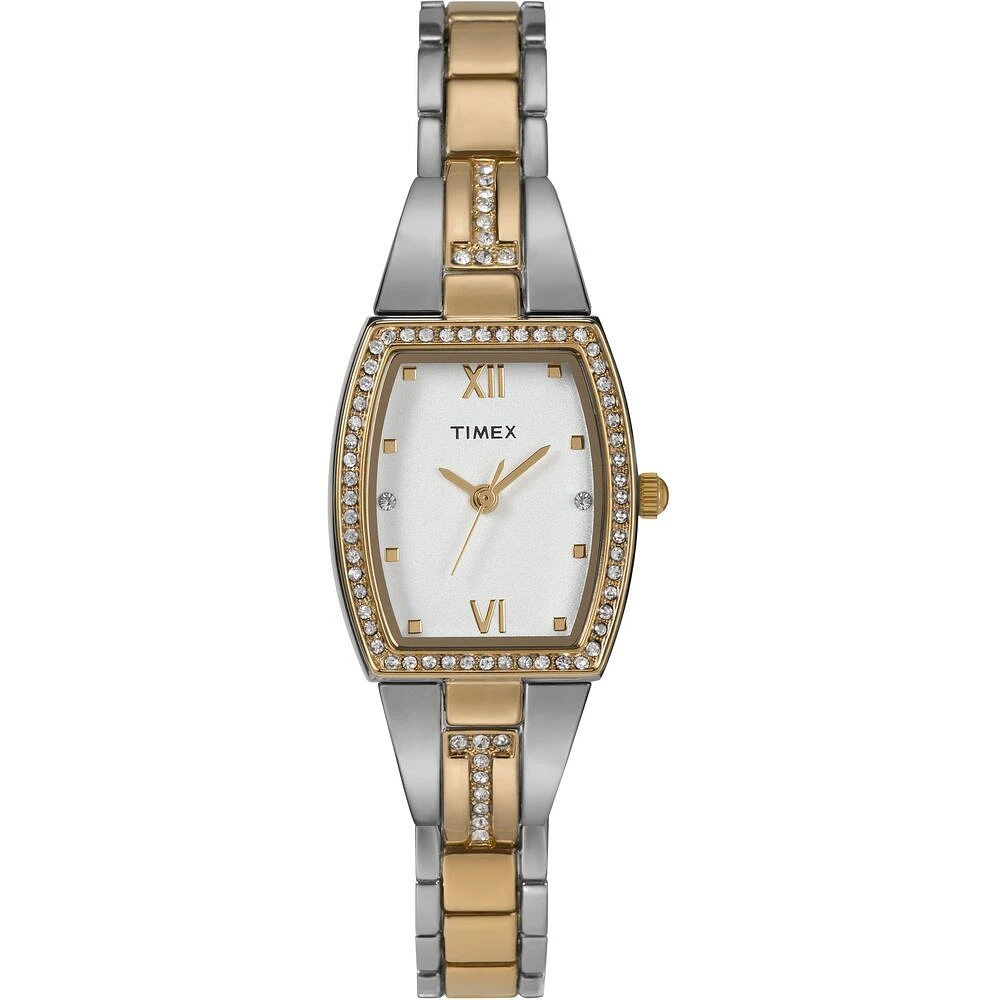 Timex Two-Tone Crystal Accent Watch – 20mm White Dial, Tonneau Case | Doucet Latendresse
