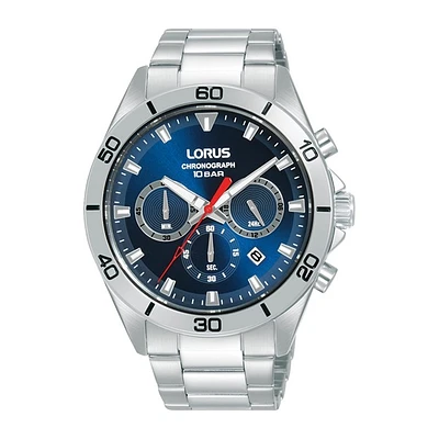 Lorus Chronograph 43mm – Blue Dial with Silver Stainless Steel Bracelet | Doucet Latendresse