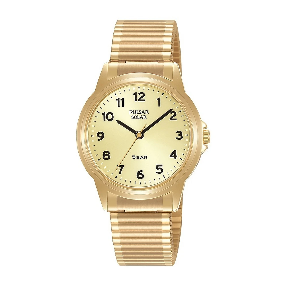 Pulsar Gold Tone Stainless Steel Solar Watch with Champagne Dial – 36mm | Doucet Latendresse