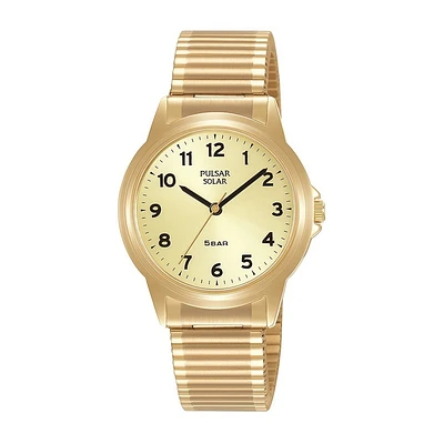 Pulsar Gold Tone Stainless Steel Solar Watch with Champagne Dial – 36mm | Doucet Latendresse