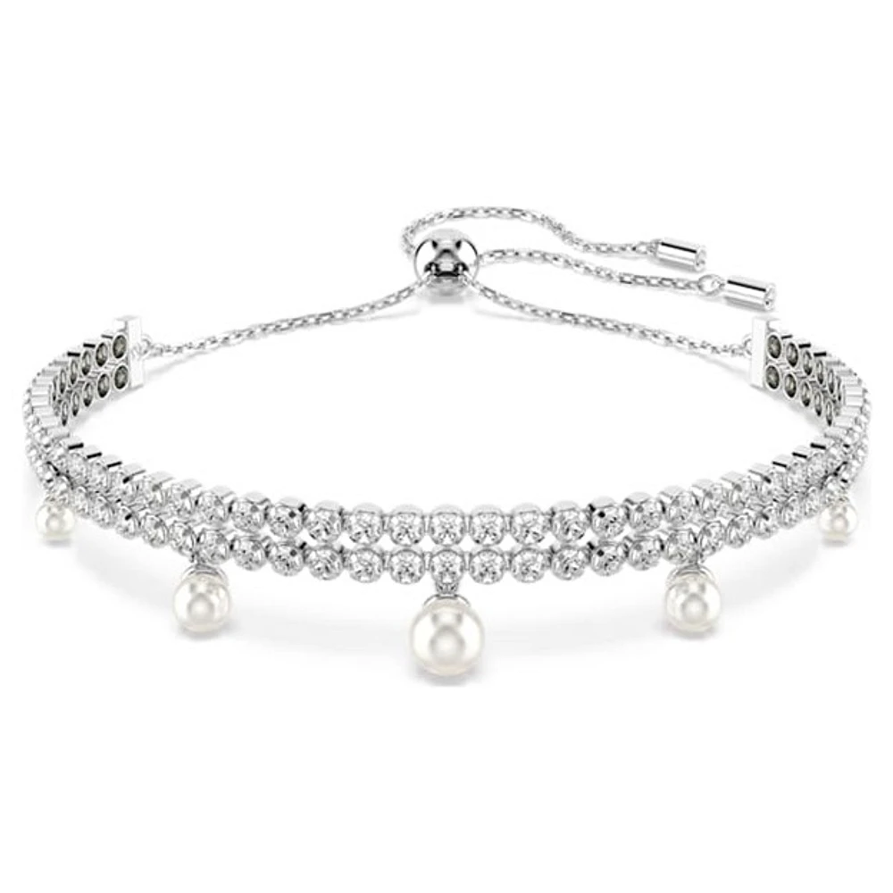 Swarovski Ariana Grande x Swarovski Rhodium-Plated Adjustable Tennis Bracelet with Round-Cut Zirconia & Hanging Crystal Pearls – 5 1/8
