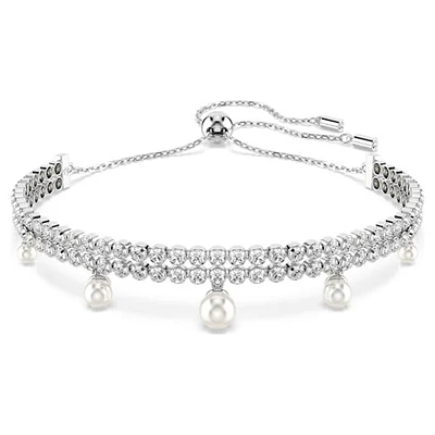 Swarovski Ariana Grande x Swarovski Rhodium-Plated Adjustable Tennis Bracelet with Round-Cut Zirconia & Hanging Crystal Pearls – 5 1/8