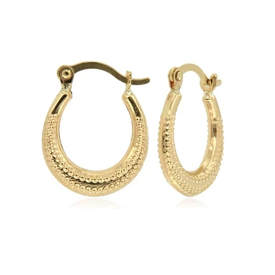 10K Gold Textured Hoop Earrings. Color: yellow | Doucet Latendresse