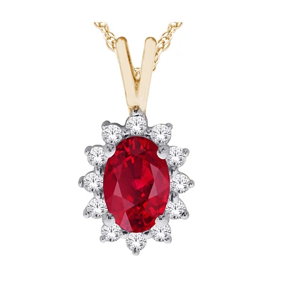 10K Gold Oval Ruby Halo Pendant Necklace with Diamond Accents. Color: yellow | Doucet Latendresse