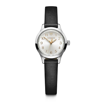 Victorinox Alliance XS 28mm Stainless Steel Watch – Silver Dial with Gold-Tone Numerals, Black Leather Strap | Doucet Latendresse