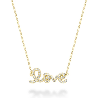 10K Yellow Gold “Love” Script Necklace with Diamond Accents. Color: yellow | Doucet Latendresse