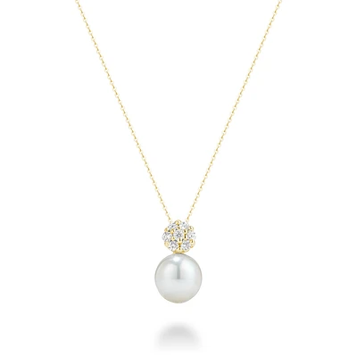 Collier Pendentif en Or Jaune 14K avec Perle et Accent de Diamants en Rosace. Color: jaune | Doucet Latendresse