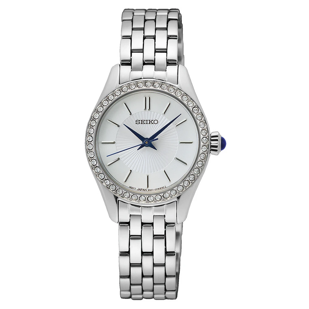 Seiko Stainless Steel Crystal Bezel Watch – Silver Dial, 30mm | Doucet Latendresse
