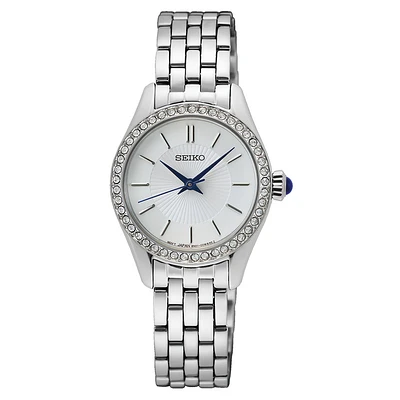 Seiko Stainless Steel Crystal Bezel Watch – Silver Dial, 30mm | Doucet Latendresse