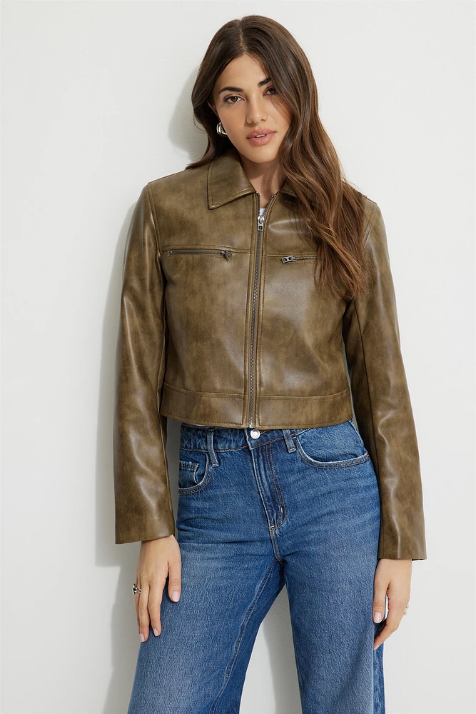 Blouson de moto en faux cuir délavé